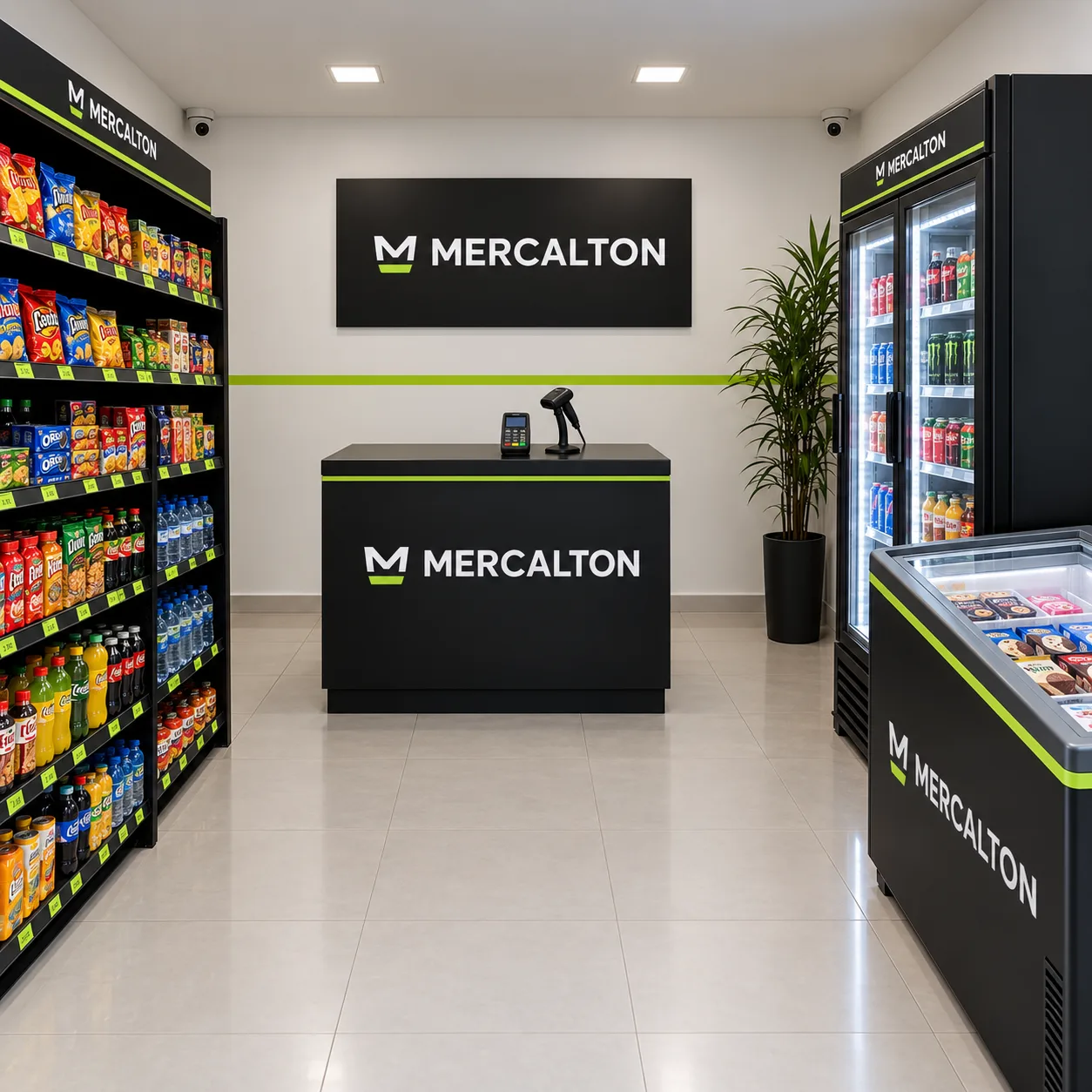 Interior de um mercadinho MERCALTON com prateleiras, geladeira de bebidas e balcão com terminal de pagamento e leitor de código de barras